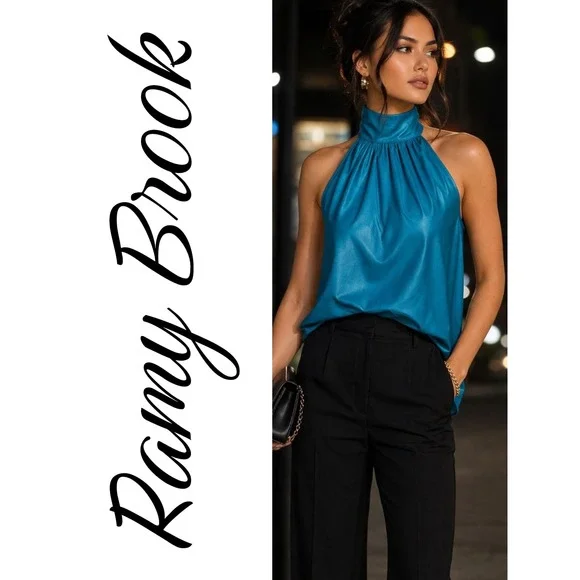 Ramy Brook Teal Faux Leather Halter High Neck Draped Vegan Leather Blouse Medium - Picture 4 of 14